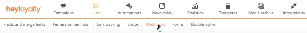 "Webhooks" subsection of a HeyLoyalty list