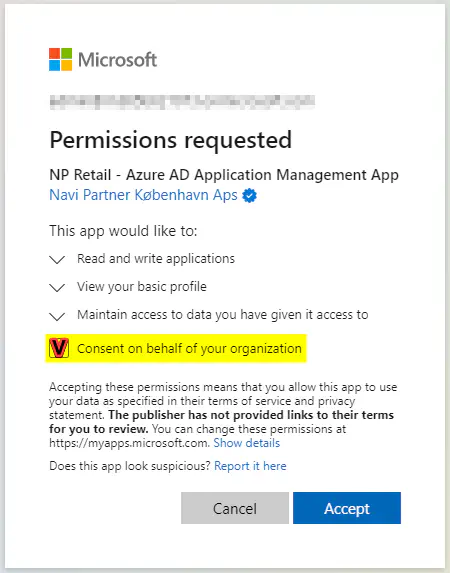 Granting permissions to NP Retail - Azure AD Application Management App