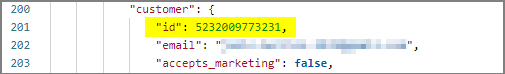 Fragment of incoming Shopify order json file with the Shopify customer ID specified